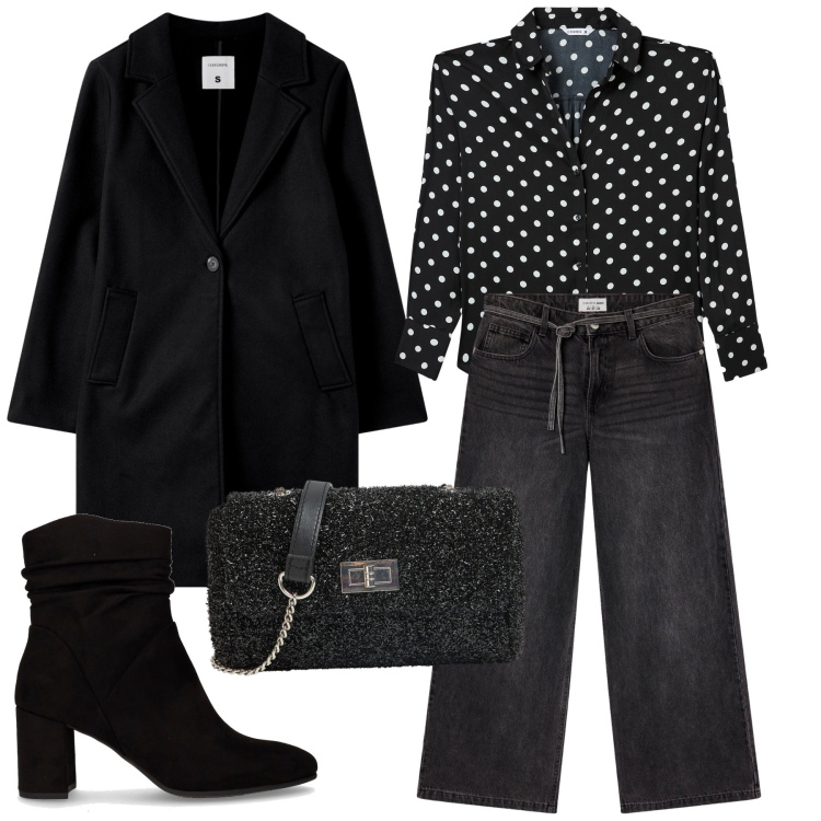 Outfit donna - Black month. Stile Urban per Ufficio. Abbinamento con camicie, jeans, cappotti, borse a tracolla, stivaletti.