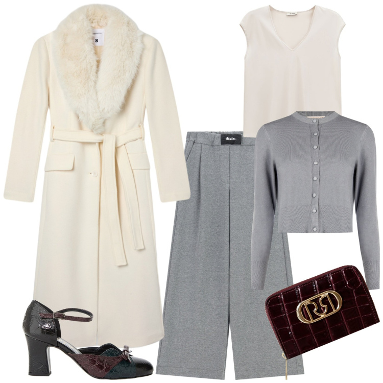 Outfit donna - A pranzo con le colleghe. Stile Bon Ton per Ufficio. Abbinamento con portafogli, cardigans, cappotti, pantaloni a palazzo, décolleté, top.