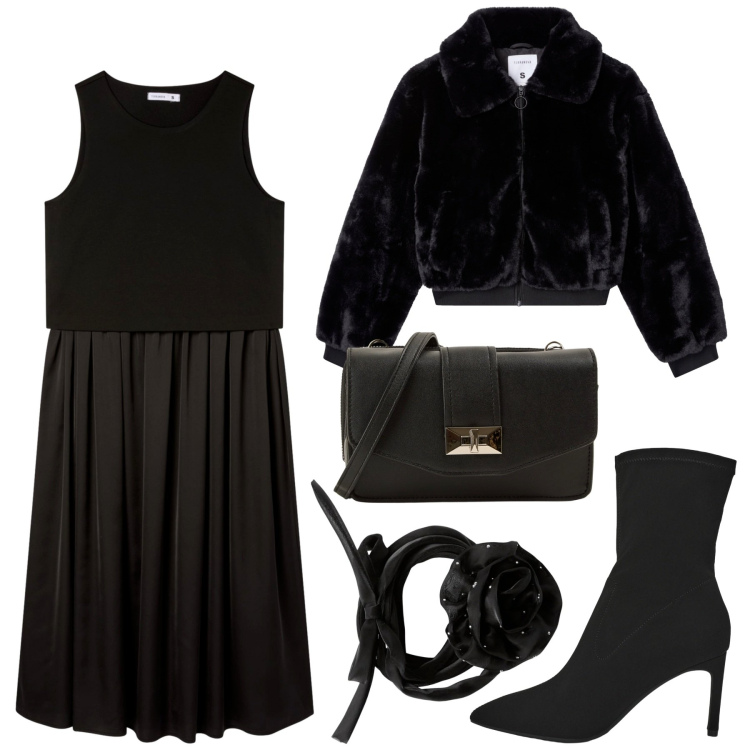 Outfit donna - Sere nere. Stile Bon Ton per Serata fuori. Abbinamento con vestiti midi/longuette, stivali, ecopellicce, collane, borse a tracolla.