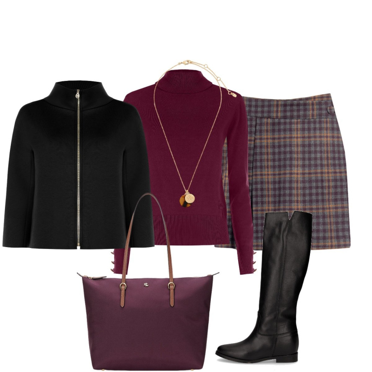 Outfit donna - Apericena. Stile Chic per Serata fuori. Abbinamento con minigonne, cappe, pullovers, collane, borse tote, stivali.