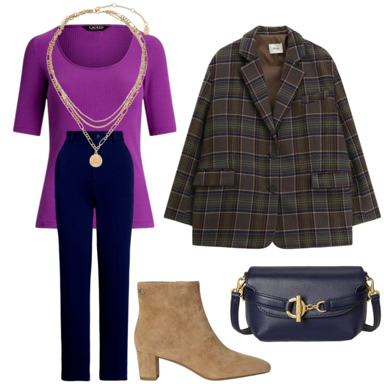 Outfit donna - Autunno in città. Stile Casual chic per Ufficio. Abbinamento con blazer, t-shirt, stivaletti, borse a tracolla, ciondoli, pantaloni.