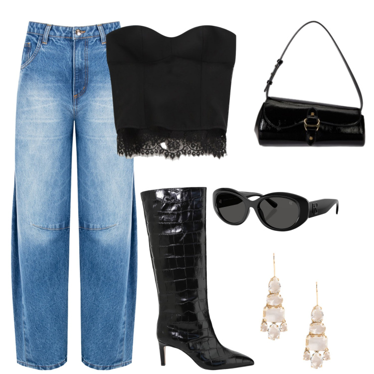 Outfit donna - Total look #2286197. Stile Trendy per Serata fuori. Abbinamento con jeans, top, stivali, occhiali da sole, orecchini, borse a spalla.