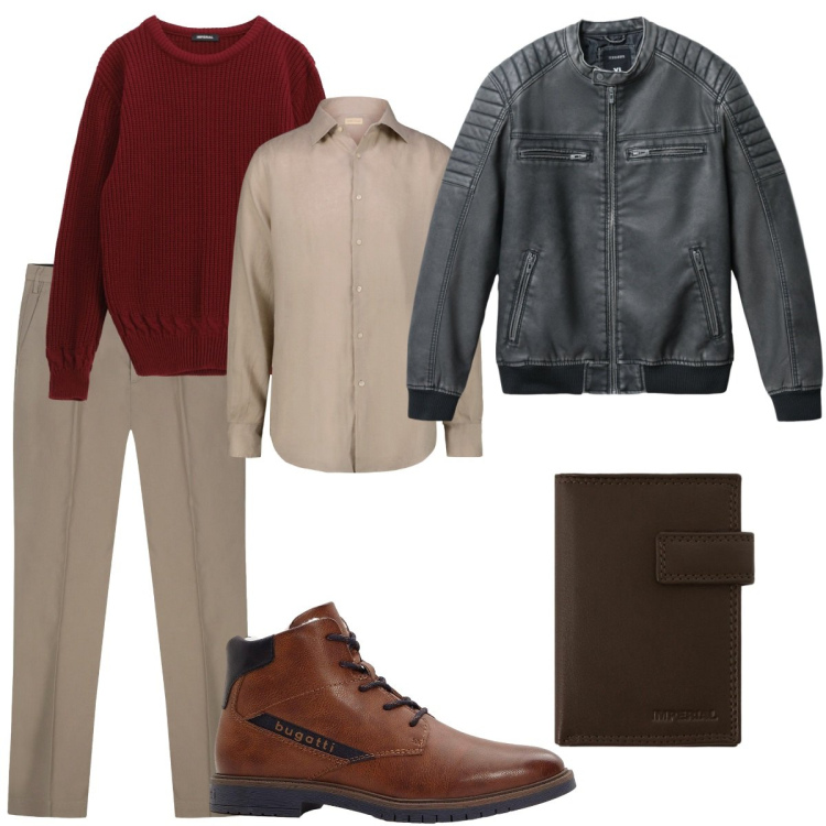 Outfit uomo - Serata al pub. Stile Casual per Serata speciale. Abbinamento con stivali e stivaletti, giacche, maglieria, portafogli, camicie, pantaloni.