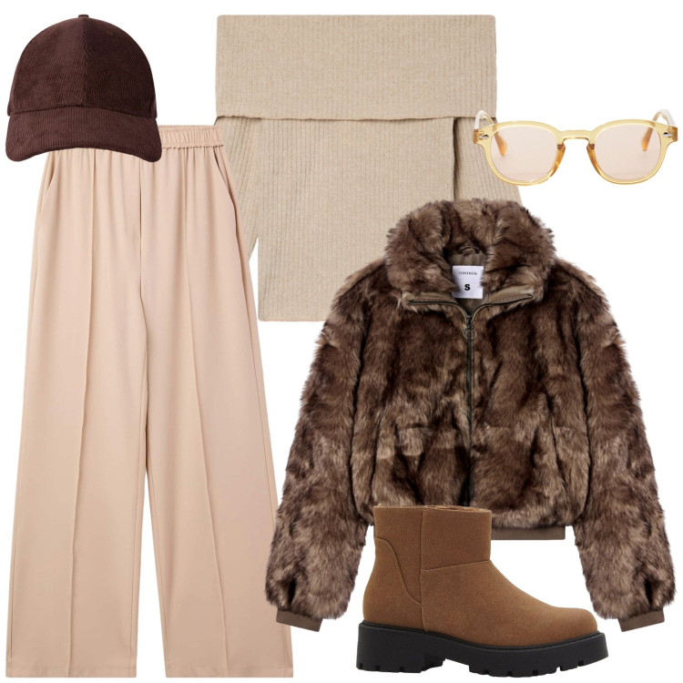 Outfit donna - Stile avvolgente. Stile Casual per Tutti i giorni. Abbinamento con stivaletti, pantaloni, maglieria, cappelli con visiera, ecopellicce, occhiali da sole.