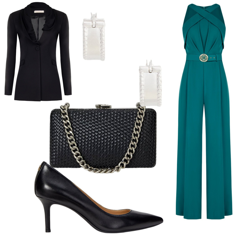 Outfit donna - La tuta ottanio per un evento. Stile Glamour per Cerimonia. Abbinamento con tute, blazer, clutch, décolleté, orecchini.