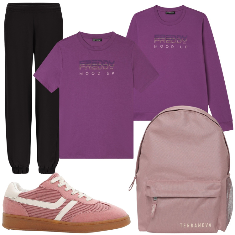 Outfit donna - Total look #2286212. Stile Casual per Sport. Abbinamento con sneakers, zaini, pantaloni, felpe, t-shirt.