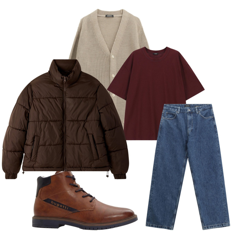 Outfit uomo - Total look #2286213. Stile Urban per Tutti i giorni. Abbinamento con anfibi, bomber, jeans, t-shirt, cardigans.