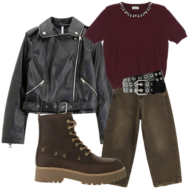 Outfit donna - Attuale e pratico. Stile Casual per Tutti i giorni. Abbinamento con cinture, pantaloni a palazzo, giacche, stivaletti, maglieria.