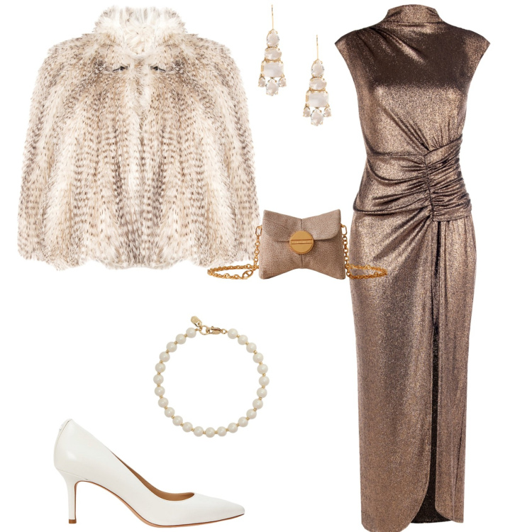 Outfit donna - Glamour feste evento serata speciale. Stile Glamour per Serata fuori. Abbinamento con vestiti lunghi, ecopellicce, borse a tracolla, décolleté, orecchini, braccialetti.