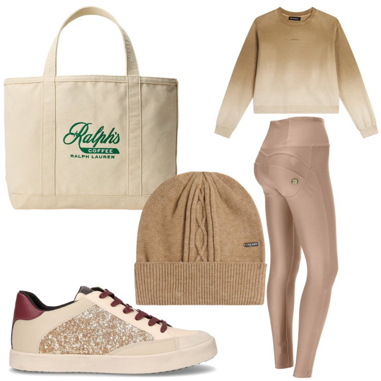 Outfit donna - Pranzo al sacco. Stile Basic per Tutti i giorni. Abbinamento con pantaloni skinny, felpe, berretti, borse tote, sneakers.