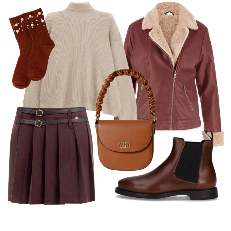 Outfit donna - Novembre chic. Stile Casual chic per Serata fuori. Abbinamento con bomber, minigonne, borse a mano, maglieria, calzini, stivaletti chelsea.