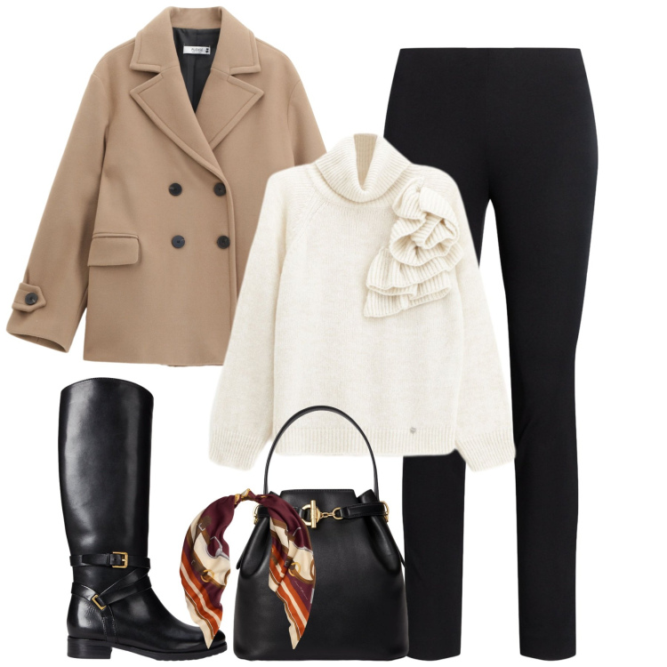 Outfit donna - Simply chic. Stile Casual chic per Tutti i giorni. Abbinamento con maglieria, cappotti, pantaloni skinny, stivali, borse a secchiello, foulard.