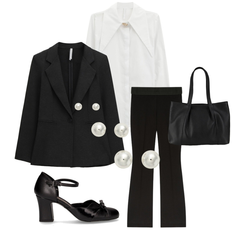Outfit donna - Colloquio di lavoro. Stile Bon Ton per Ufficio. Abbinamento con shopping bag, camicie, blazer, orecchini, décolleté, pantaloni.