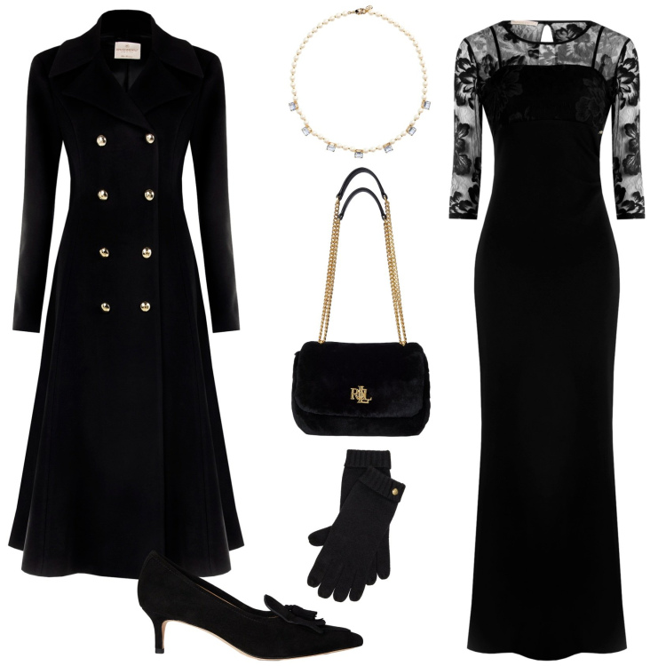 Outfit donna - Glamour feste evento serata speciale. Stile Glamour per Serata fuori. Abbinamento con vestiti lunghi, cappotti, décolleté, collane, borse a spalla, guanti.