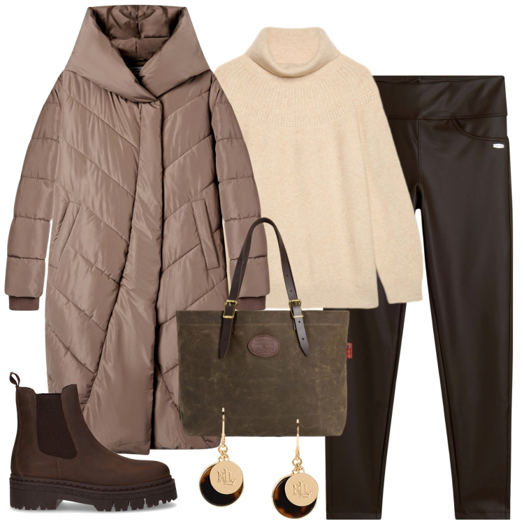 Outfit donna - City. Stile Casual chic per Tutti i giorni. Abbinamento con cappotti, leggings, orecchini, borse tote, maglieria, stivaletti chelsea.