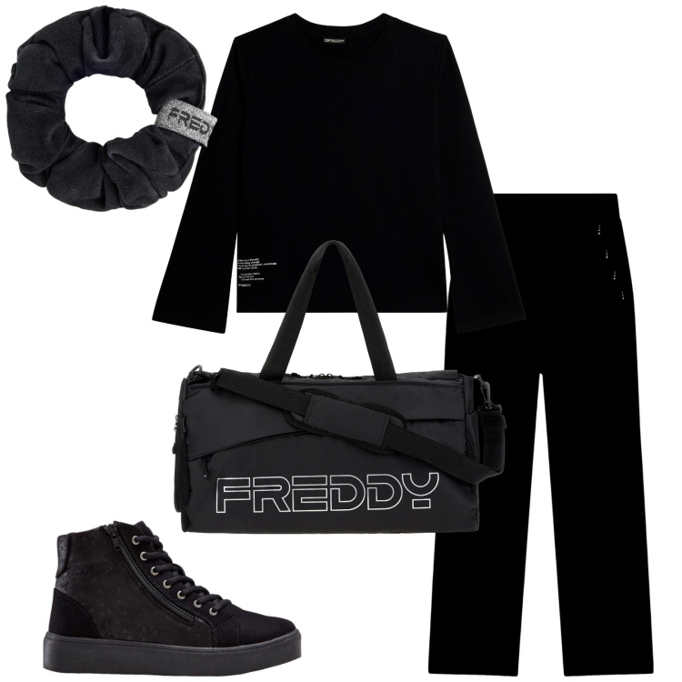 Outfit donna - In palestra. Stile Casual chic per Tutti i giorni. Abbinamento con sneakers alte, borse sportive, pantaloni, felpe, accessori per capelli.