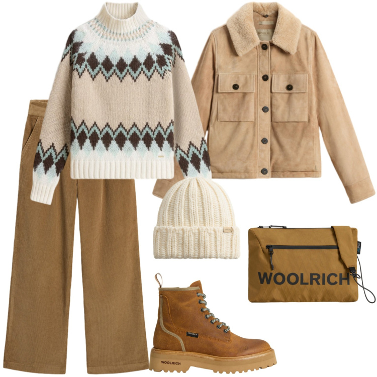 Outfit donna - In montagna per il weekend. Stile Sporty chic per Tutti i giorni. Abbinamento con pantaloni, piumini, borse a tracolla, anfibi, maglieria, berretti.