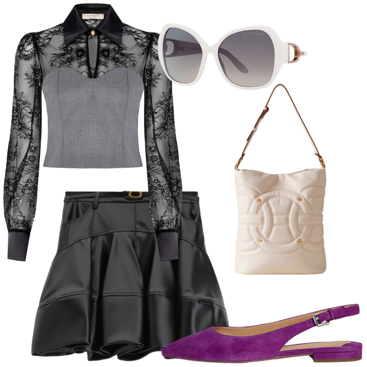 Outfit donna - Total look #2286231. Stile Casual per Serata fuori. Abbinamento con bluse, minigonne, borse a secchiello, occhiali da sole, ballerine.