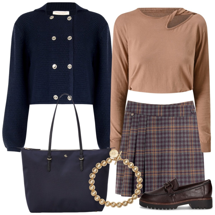 Outfit donna - Total look #2286233. Stile Preppy per Tutti i giorni. Abbinamento con minigonne, blazer, maglieria, borse tote, braccialetti, mocassini.