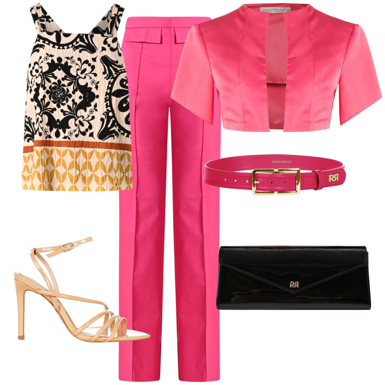 Outfit donna - Ricevimento in Rinascimento. Stile Glamour per Serata fuori. Abbinamento con pantaloni, sandali col tacco, bolero, cinture, top, pochette.