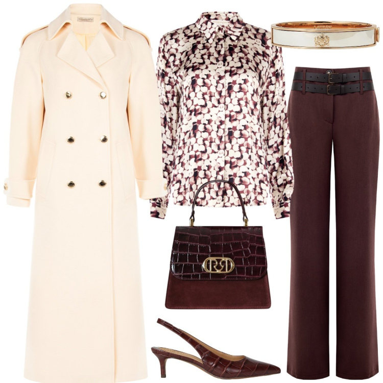 Outfit donna - Total look #2286238. Stile Chic per Ufficio. Abbinamento con camicie, pantaloni, borse a mano, cappotti, braccialetti, décolleté.