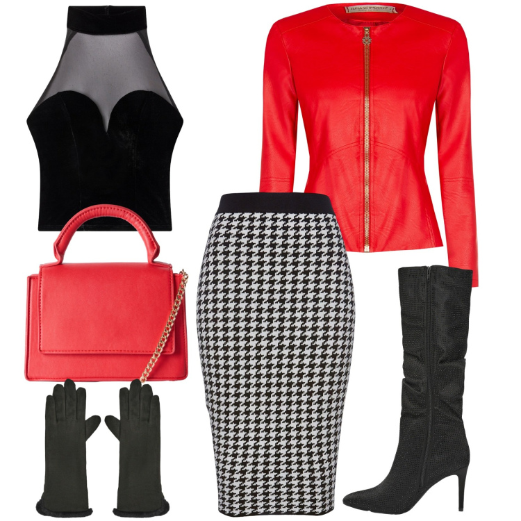 Outfit donna - Total look #2286239. Stile Sexy per Serata fuori. Abbinamento con gonne, borse a tracolla, stivali, top, guanti, blazer.