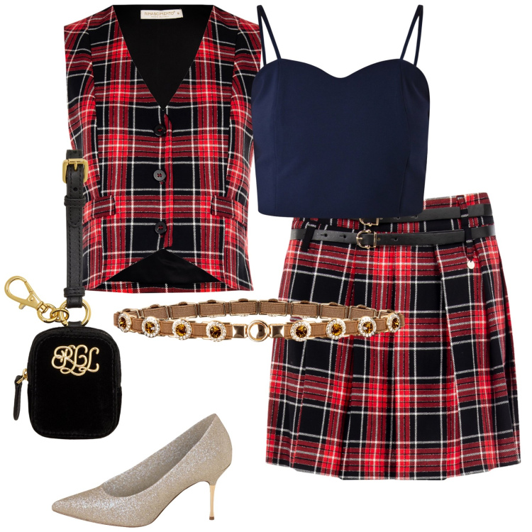 Outfit donna - Serata scozzese. Stile Trendy per Serata fuori. Abbinamento con canottiere, cinture, décolleté, gilet, gonne, pochette.