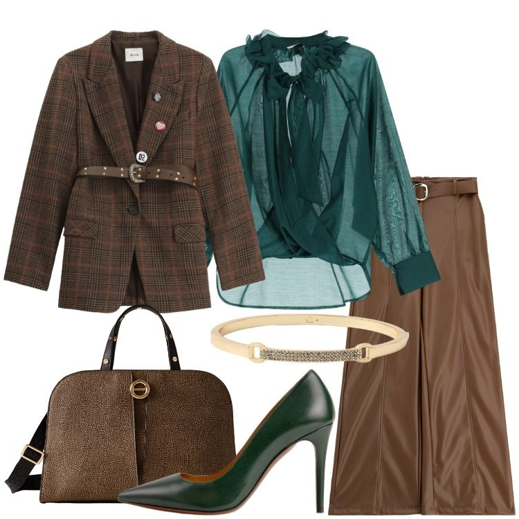 Outfit donna - I pantaloni a gamba larga. Stile Trendy per Serata fuori. Abbinamento con pantaloni, borse a mano, bluse, blazer, décolleté, braccialetti.