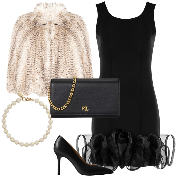 Outfit donna - Con l abito e la cappa Rinascimento. Stile Chic per Serata fuori. Abbinamento con ecopellicce, vestiti a tubino, décolleté, borse a tracolla, braccialetti.