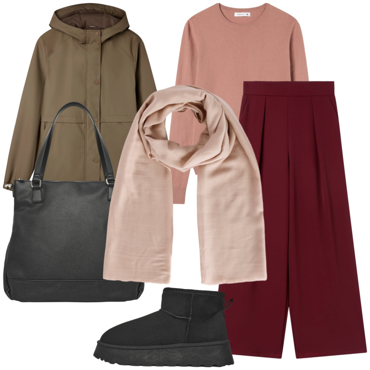 Outfit donna - Sfumature di Terranova. Stile Trendy per Tutti i giorni. Abbinamento con blazer, pantaloni, foulard, shopping bag, maglieria, stivaletti.