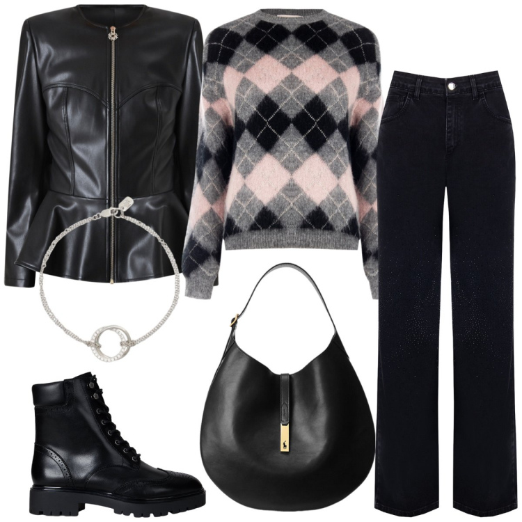 Outfit donna - Total look #2286250. Stile Casual per Scuola/Università. Abbinamento con jeans dritti, giacche, maglieria, anfibi, borse a spalla, braccialetti.