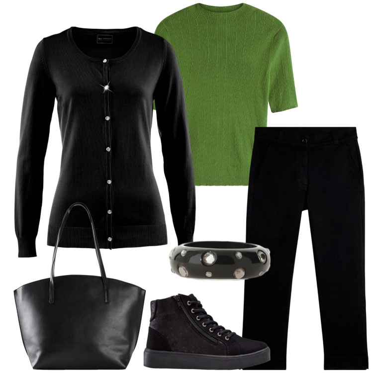 Outfit donna - Total look #2286253. Stile Casual per Tutti i giorni. Abbinamento con sneakers alte, shopping bag, cardigans, maglieria, pantaloni, anelli.