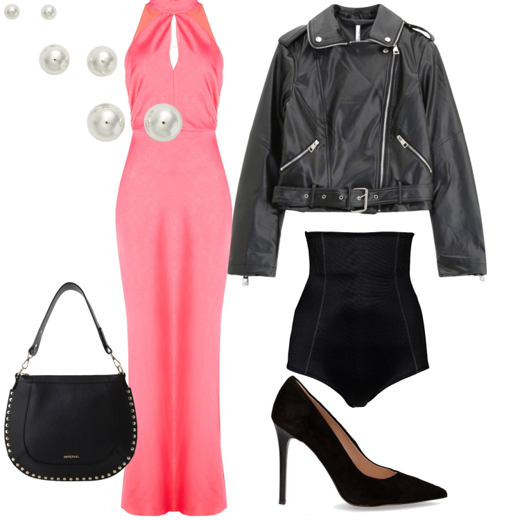 Outfit donna - Eleganza pura pure col biker. Stile Glamour per Serata fuori. Abbinamento con culotte, vestiti senza maniche, giacche, borse a spalla, orecchini, décolleté.