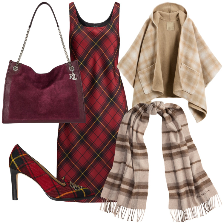 Outfit donna - Always Scottish. Stile Trendy per Ufficio. Abbinamento con vestiti senza maniche, décolleté, borse tote, sciarpe, cappe.