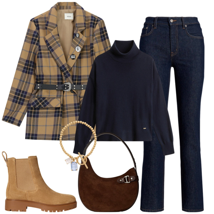 Outfit donna - City. Stile Casual chic per Tutti i giorni. Abbinamento con blazer, jeans bootcut, stivaletti chelsea, borse a spalla, braccialetti, maglieria.