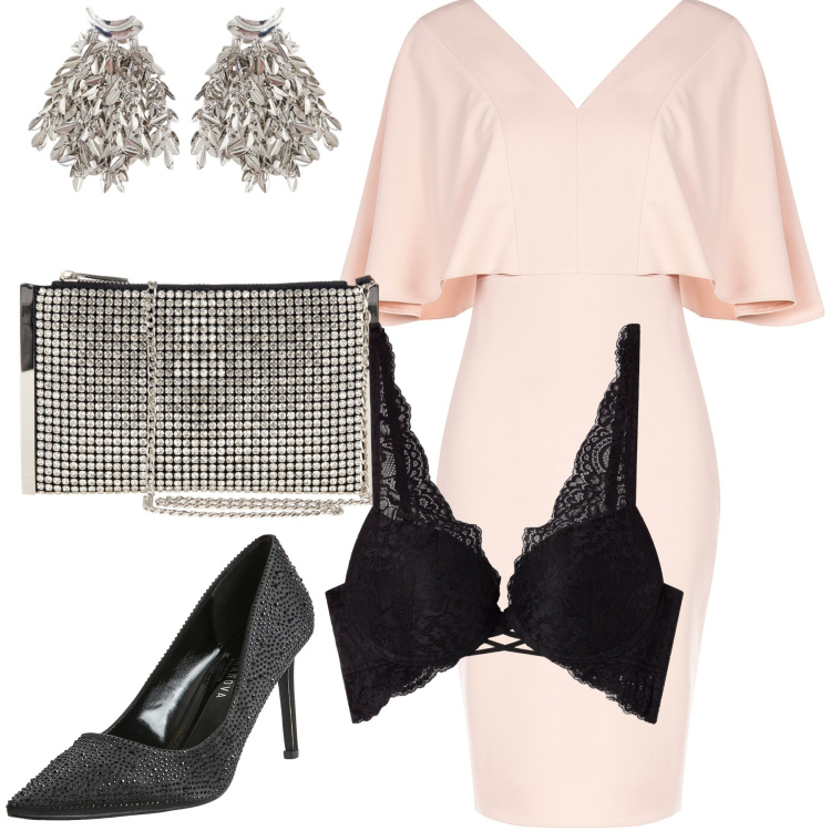 Outfit donna - Luccicante damigella. Stile Chic per Cerimonia. Abbinamento con décolleté, reggiseni, vestiti a tubino, pochette, orecchini.