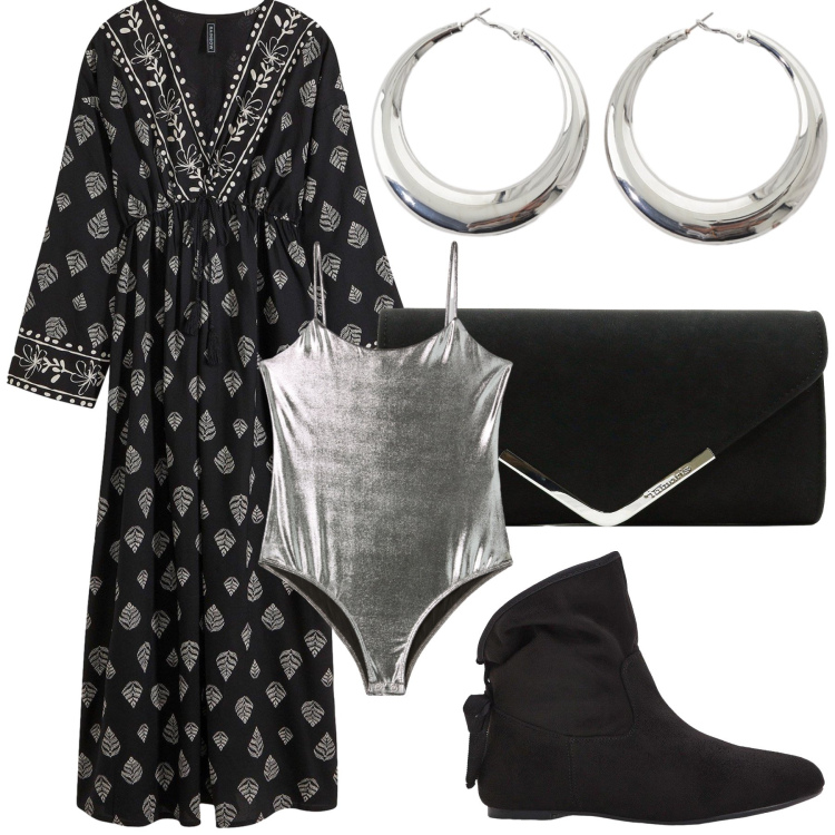 Outfit donna - Silver etnica night. Stile Etnico per Serata fuori. Abbinamento con vestiti lunghi, stivaletti, pochette, body, orecchini.