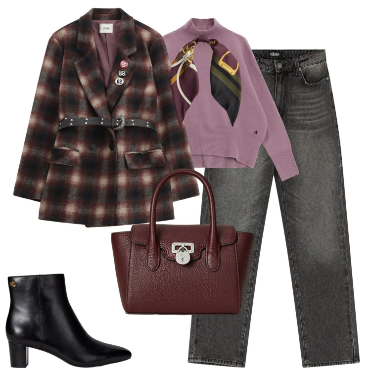 Outfit donna - ‍️. Stile Casual chic per Tutti i giorni. Abbinamento con blazer, jeans dritti, maglieria, stivaletti, borse a mano, foulard.