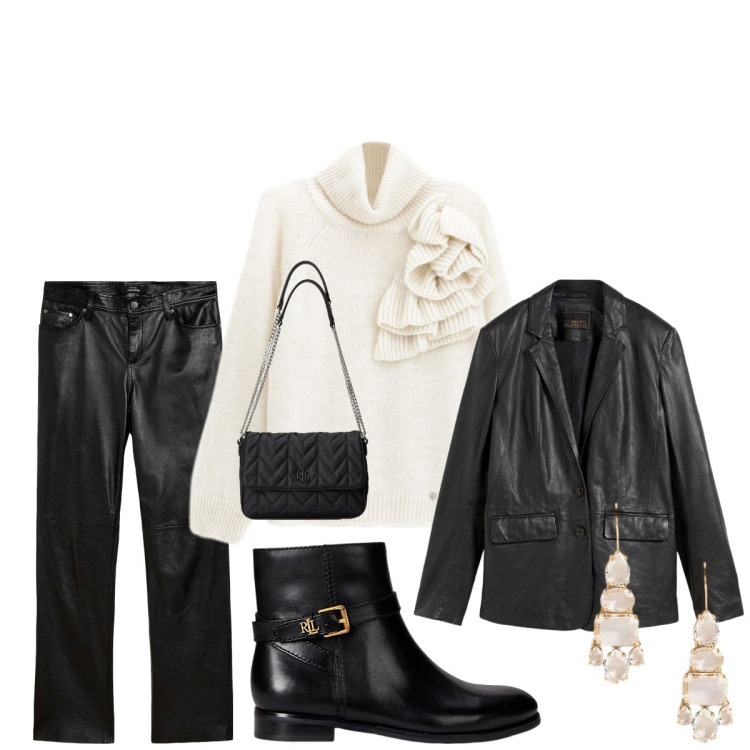 Outfit donna - Bianco nero casual. Stile Casual chic per Tutti i giorni. Abbinamento con pantaloni, blazer, maglieria, stivaletti, orecchini, borse a tracolla.