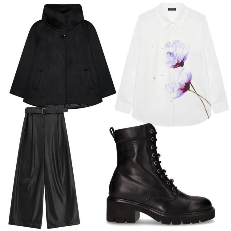 Outfit donna - Autunno a strati. Stile Casual chic per Tutti i giorni. Abbinamento con pantaloni a palazzo, caban, camicie, anfibi.