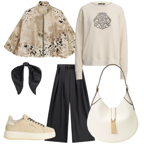Outfit donna - long beautiful day. Stile Casual chic per Tutti i giorni. Abbinamento con bomber, pantaloni a palazzo, borse a spalla, foulard, pullovers, sneakers.
