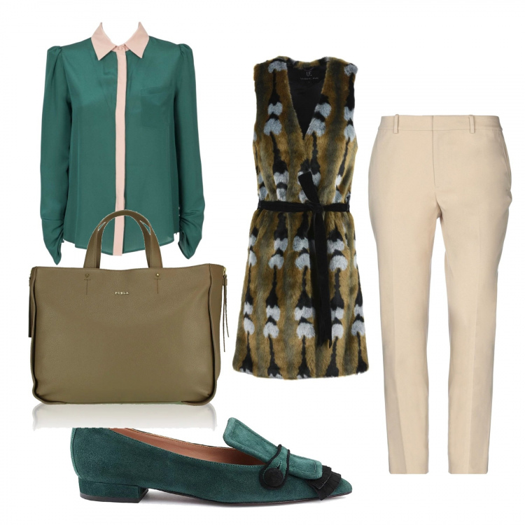 Outfit donna - Bon Ton #893. Stile Bon Ton per Ufficio. Abbinamento con ecopelliccia, pantaloni, camicia contrasto in seta crêpe verde e rosa, ballerine contrasto effetto scamosciato verde, borsa a tracolla doppio manico interno foderato.