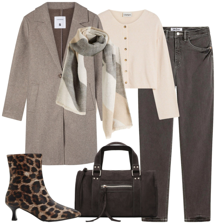 Outfit donna - City. Stile Casual chic per Tutti i giorni. Abbinamento con cardigans, jeans mom, stivaletti, foulard, cappotti, borse a mano.