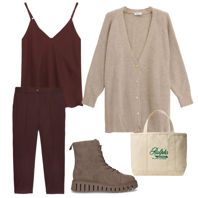 Outfit donna - Tempo libero. Abbinamento con cardigans, top, borse tote, pantaloni, anfibi.