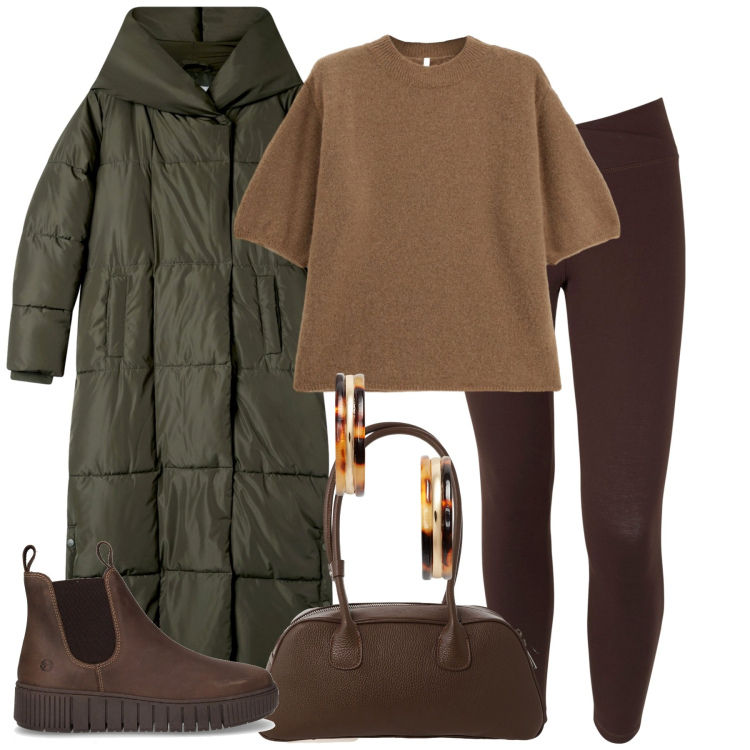 Outfit donna - Street style. Stile Casual chic per Tutti i giorni. Abbinamento con cappotti, maglieria, borse a mano, leggings, orecchini, stivaletti chelsea.