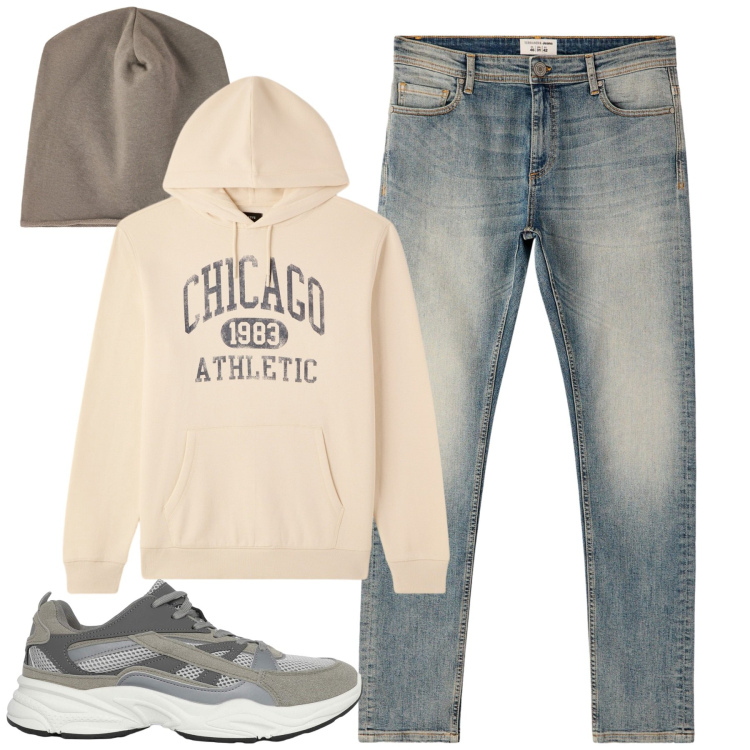 Outfit uomo - Novembre. Stile Casual per Tutti i giorni. Abbinamento con sneakers, jeans skinny, berretti, felpe con cappuccio.