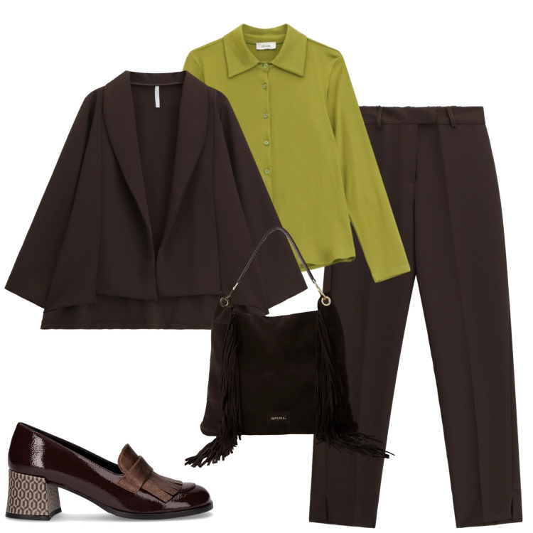 Outfit donna - City. Stile Urban per Tutti i giorni. Abbinamento con blazer, pantaloni, borse a spalla, camicie, mocassini.