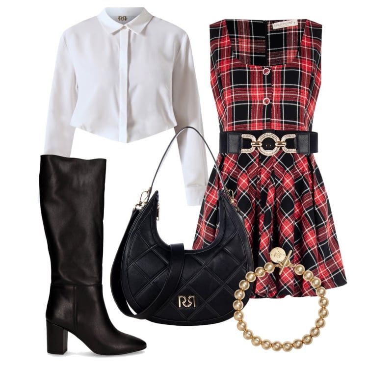 Outfit donna - Rinascimento - Black Friday scozzese. Stile Chic per Serata fuori. Abbinamento con vestiti corti, borse a tracolla, cinture, camicie, braccialetti, stivali.