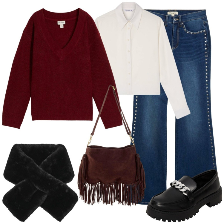 Outfit donna - Outfit confortevole. Stile Casual chic per Tutti i giorni. Abbinamento con maglieria, borse a tracolla, jeans a zampa, mocassini, camicie, sciarpe.