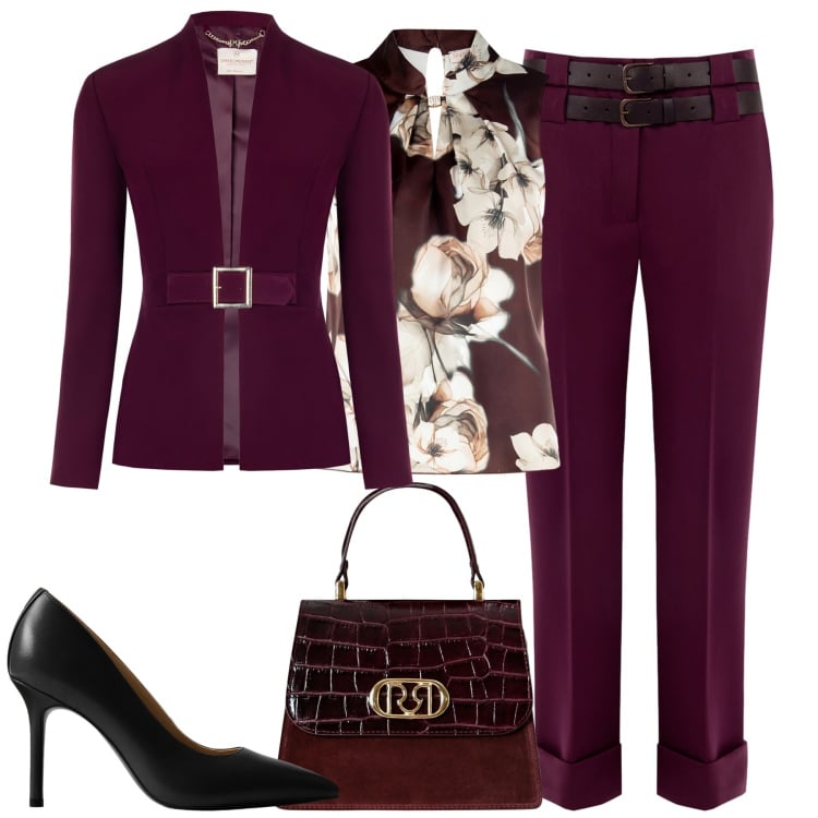 Outfit donna - Rinascimento. Stile Chic per Cerimonia. Abbinamento con pantaloni, top, blazer, borse a mano, décolleté.